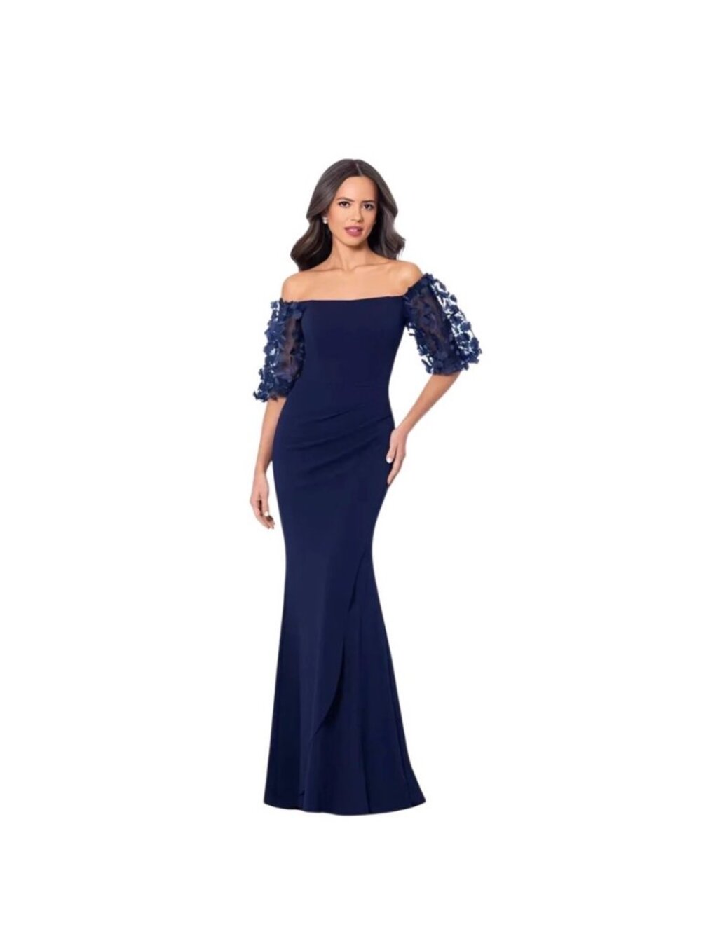NWT Xscape Navy Blue Off Shoulder 3D Floral Sleeve Ruched Dress. Size 6